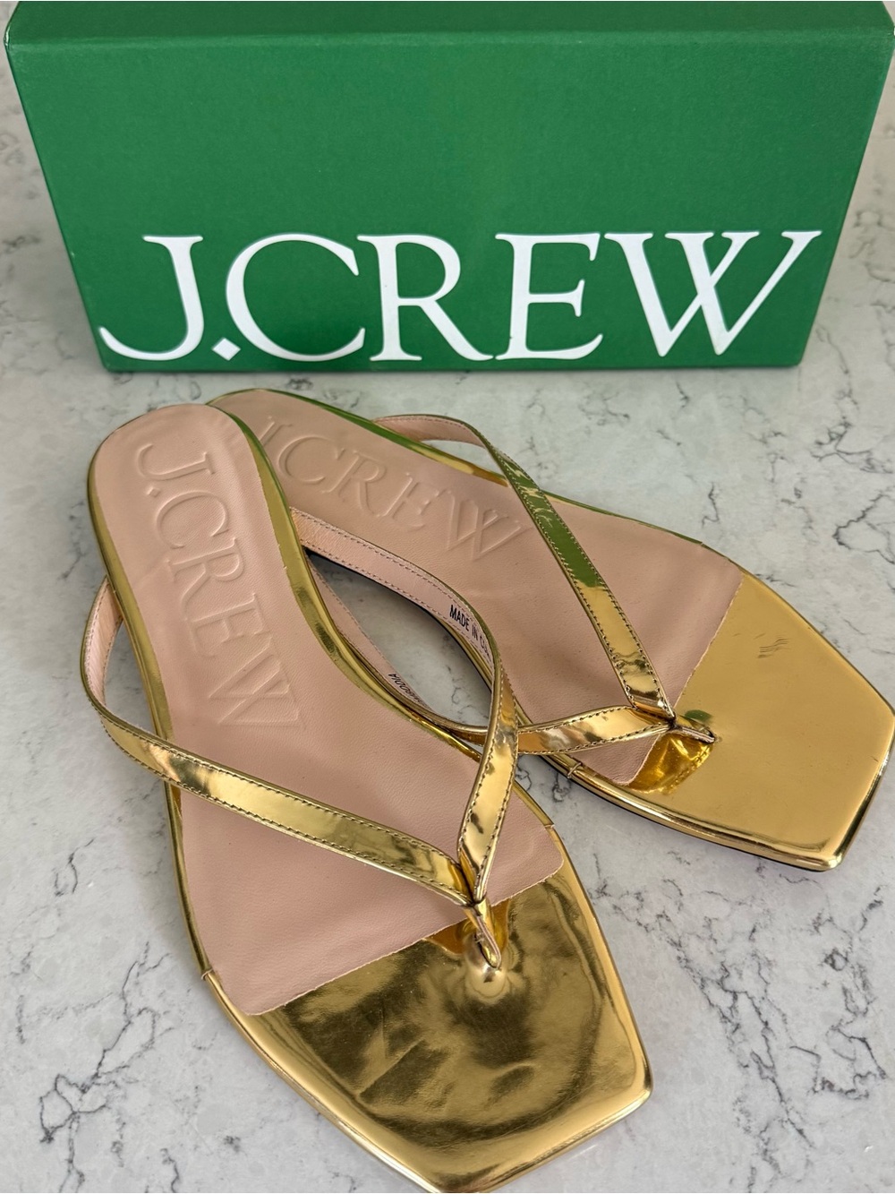 J. Crew New Gold Metallic Square-Toe Thong Sandals size 8